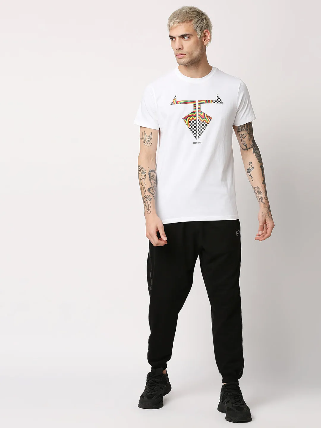 Disrupt Mens White Half Sleeve Cheks Logo Printed T-shirt