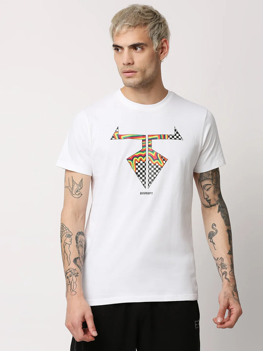 Disrupt Mens White Half Sleeve Cheks Logo Printed T-shirt