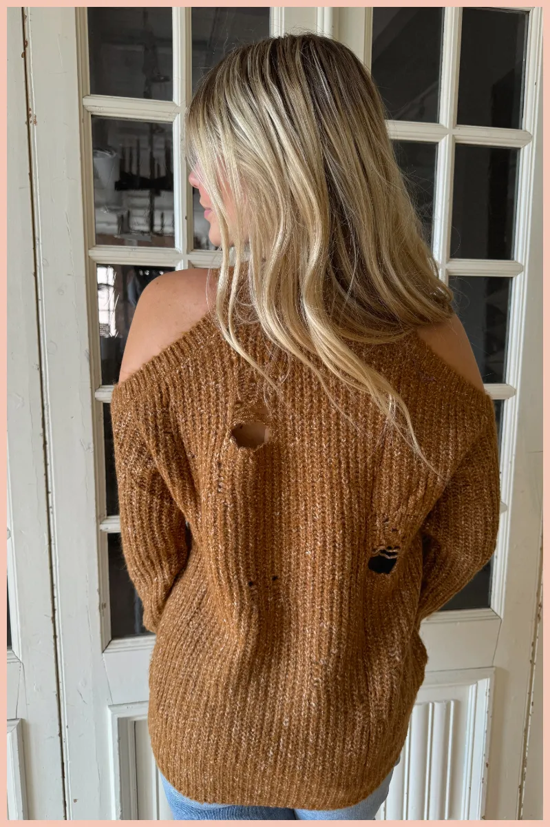 Distressed Cold Shoulder Sweater