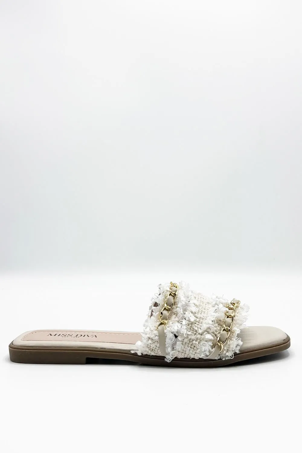 Eloise Tassel Chain Strap Sliders in Beige