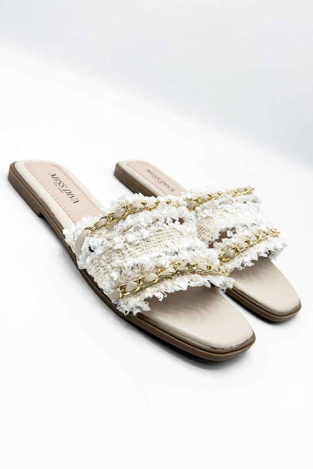 Eloise Tassel Chain Strap Sliders in Beige