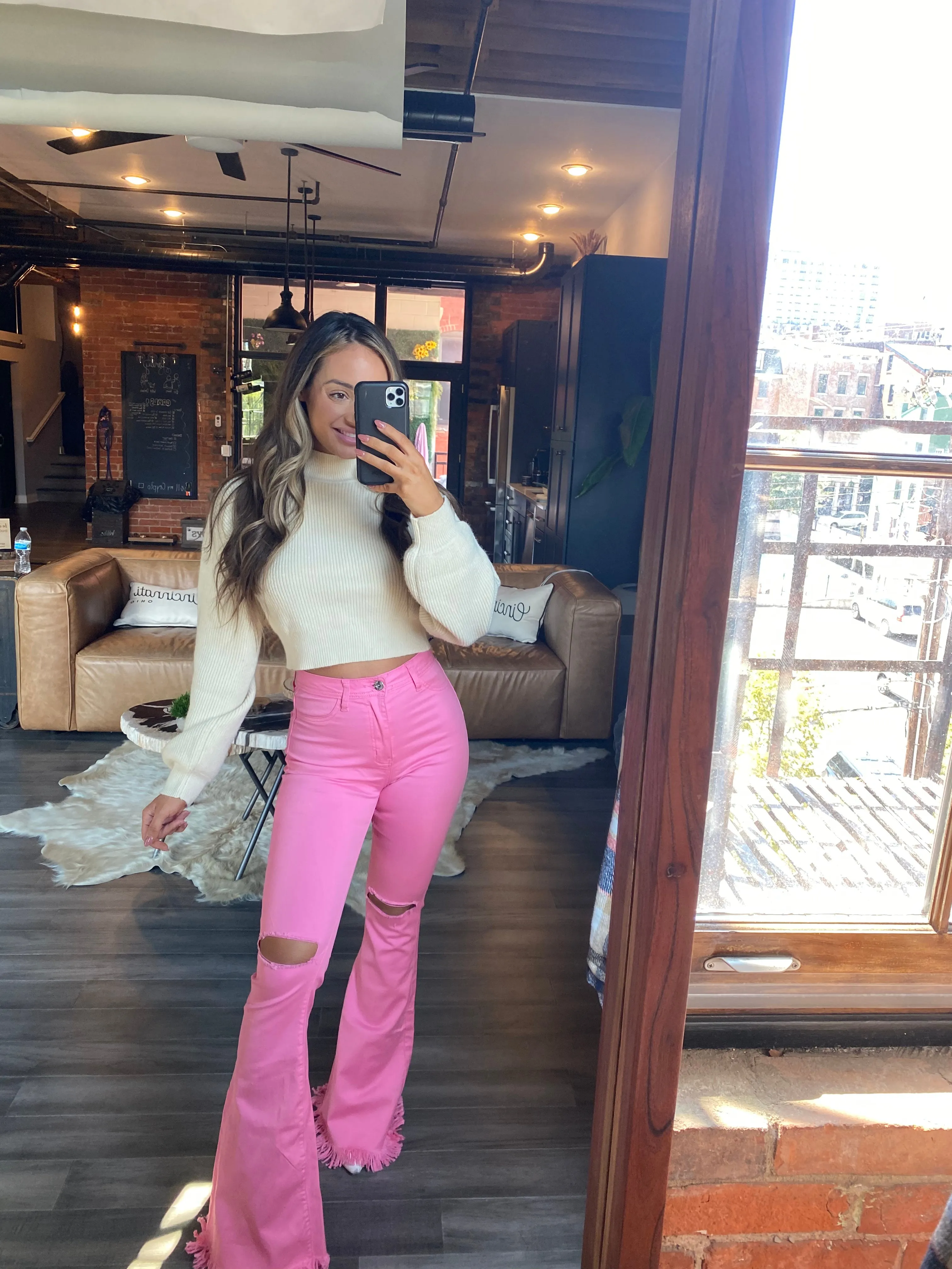 Farrah Distressed High Waisted Flares- Pink