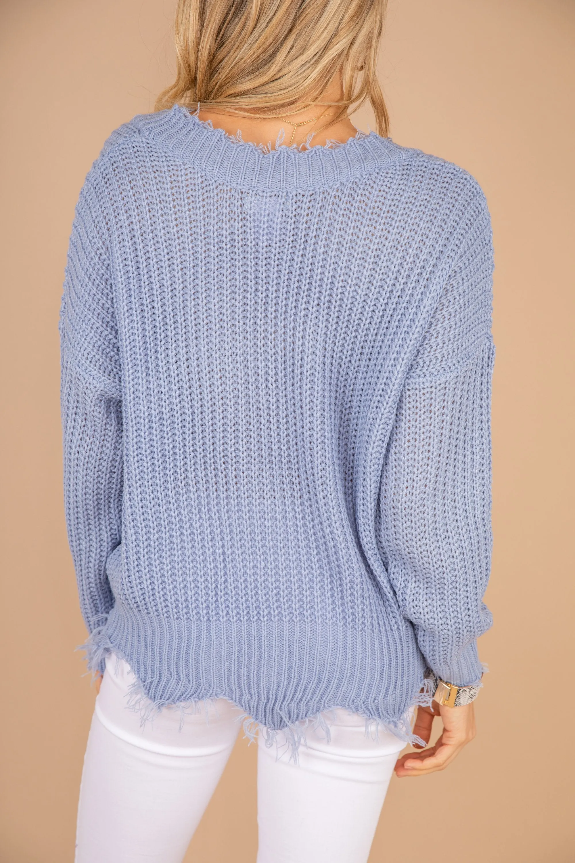 Feeling Brand New Faded Denim Blue Distressed Sweater