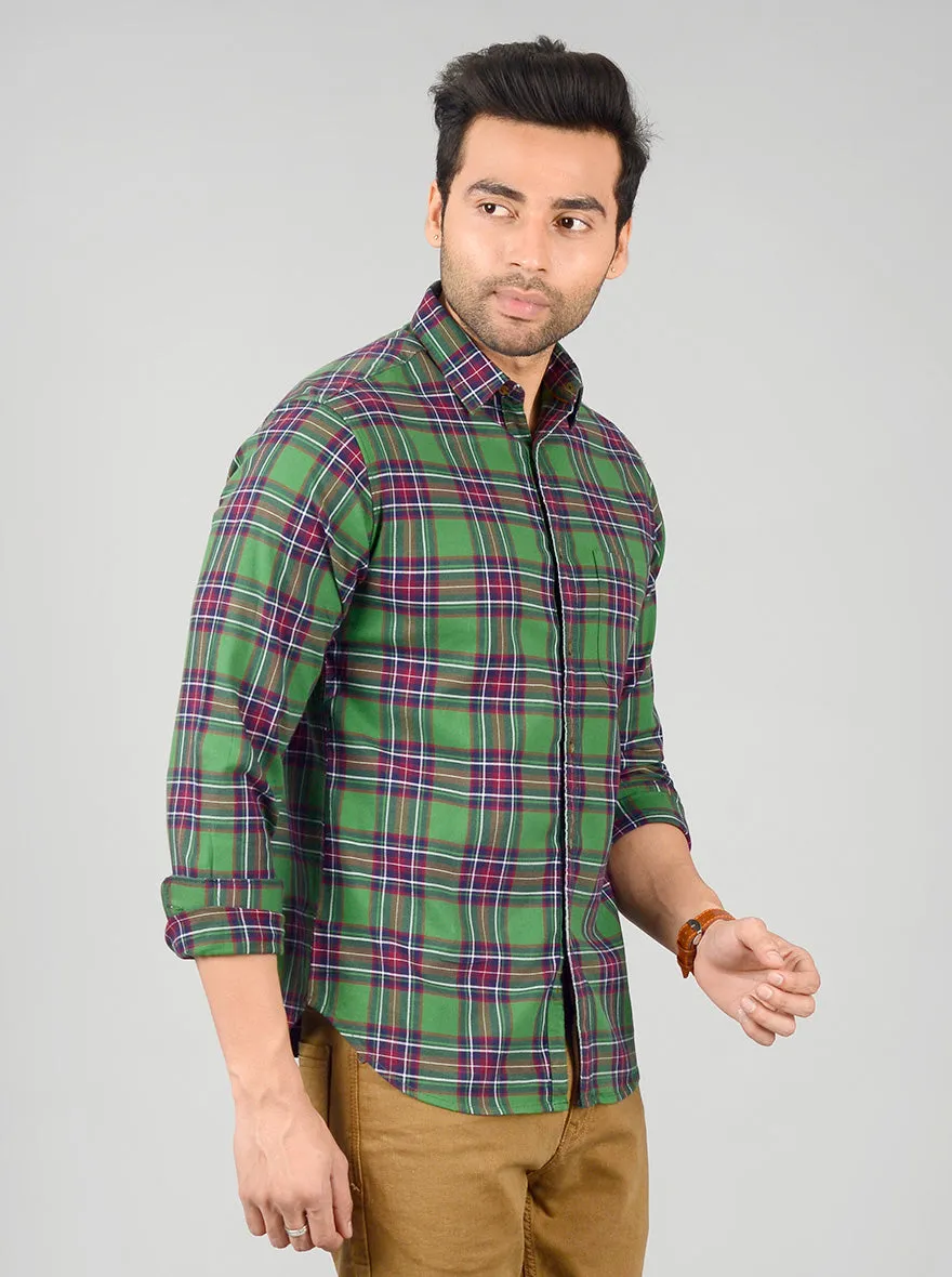 Forest Green Checked Slim Fit Casual Shirt | Greenfibre