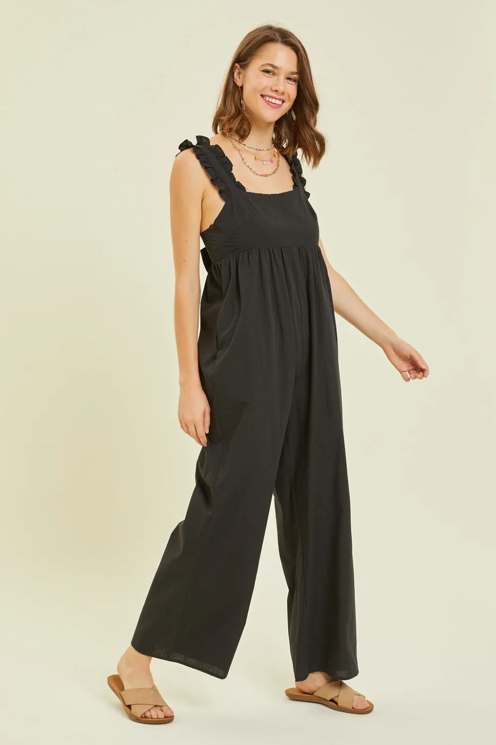 Full Size Ruffled Strap Back Tie Wide Leg Jumpsuit