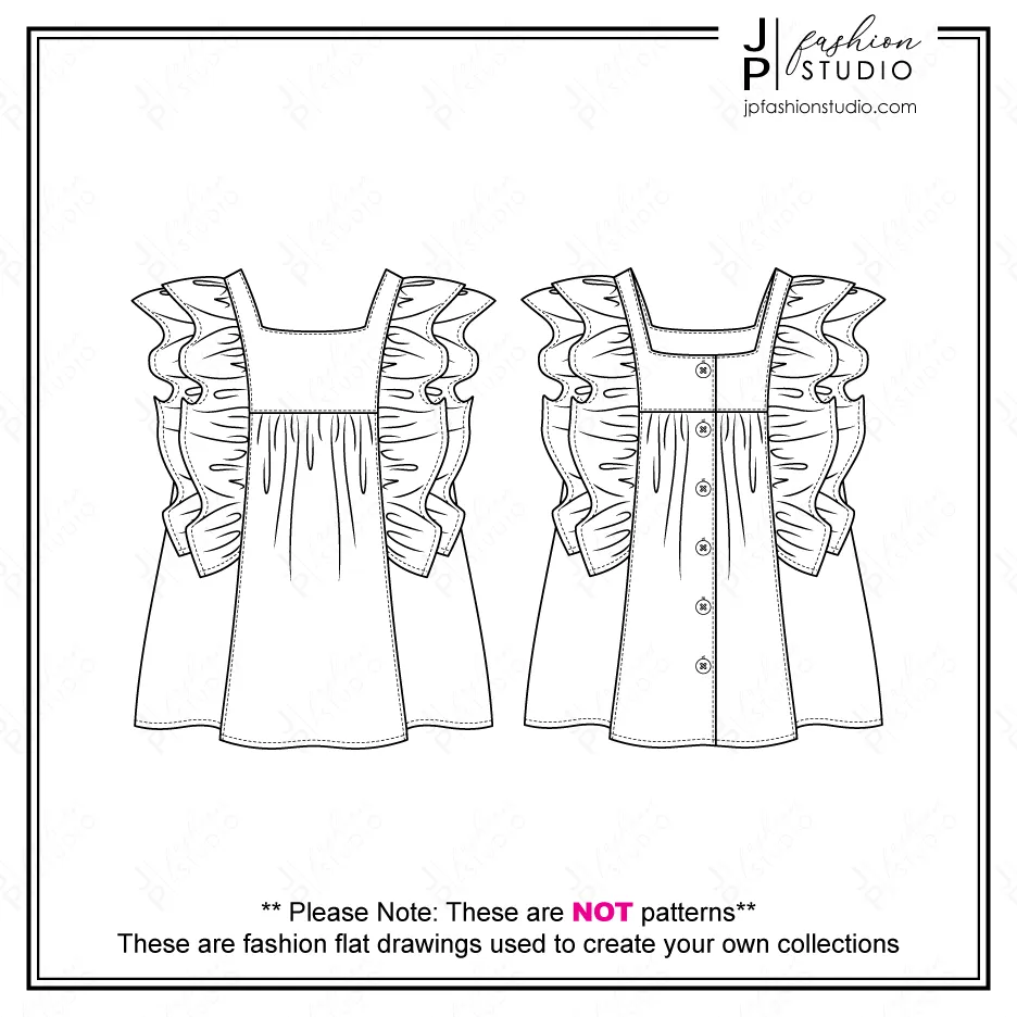 Girls Ruffle Blouse Fashion Flat Sketch / Fashion Technical Drawing / Peasant Top with Frill detail Sketch / Children's Clothing Design / Fashion Cad Design template for Adobe Illustrator.