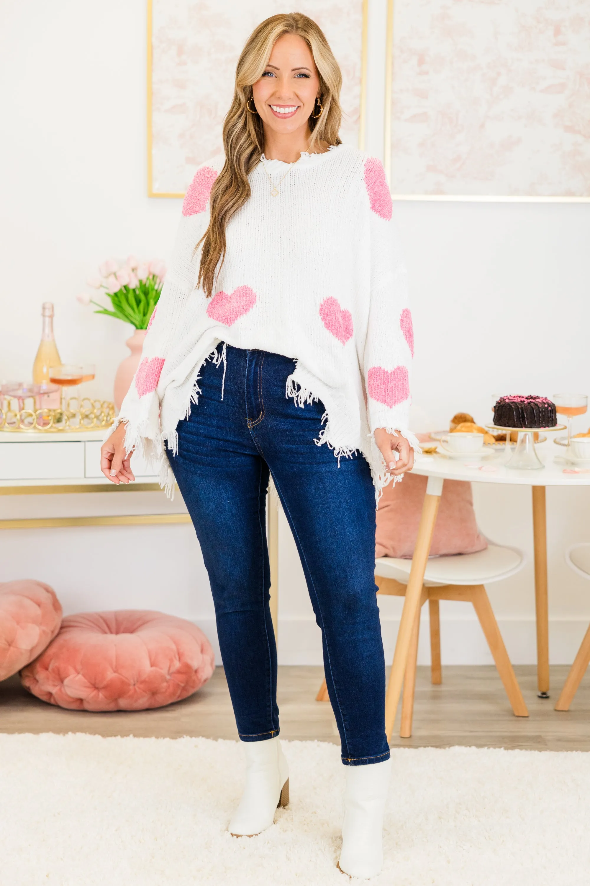 Give Love Sweater, Off White-Pink