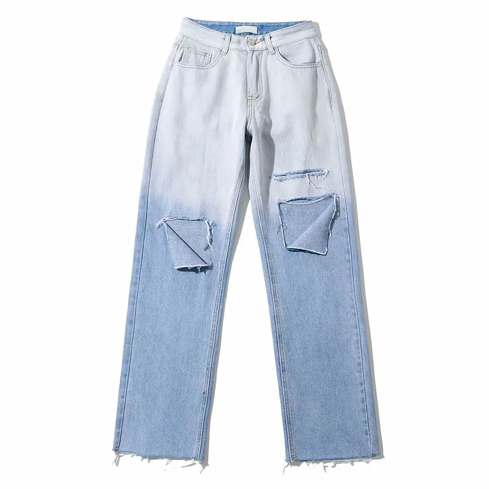 Gradient Wide Leg Washed Ripped Boyfriend Jeans - Light Blue