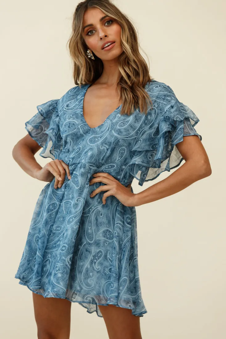 Here And Now Layered Ruffle Sleeve Loose Fit Dress Paisley Print Navy