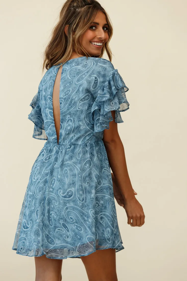 Here And Now Layered Ruffle Sleeve Loose Fit Dress Paisley Print Navy