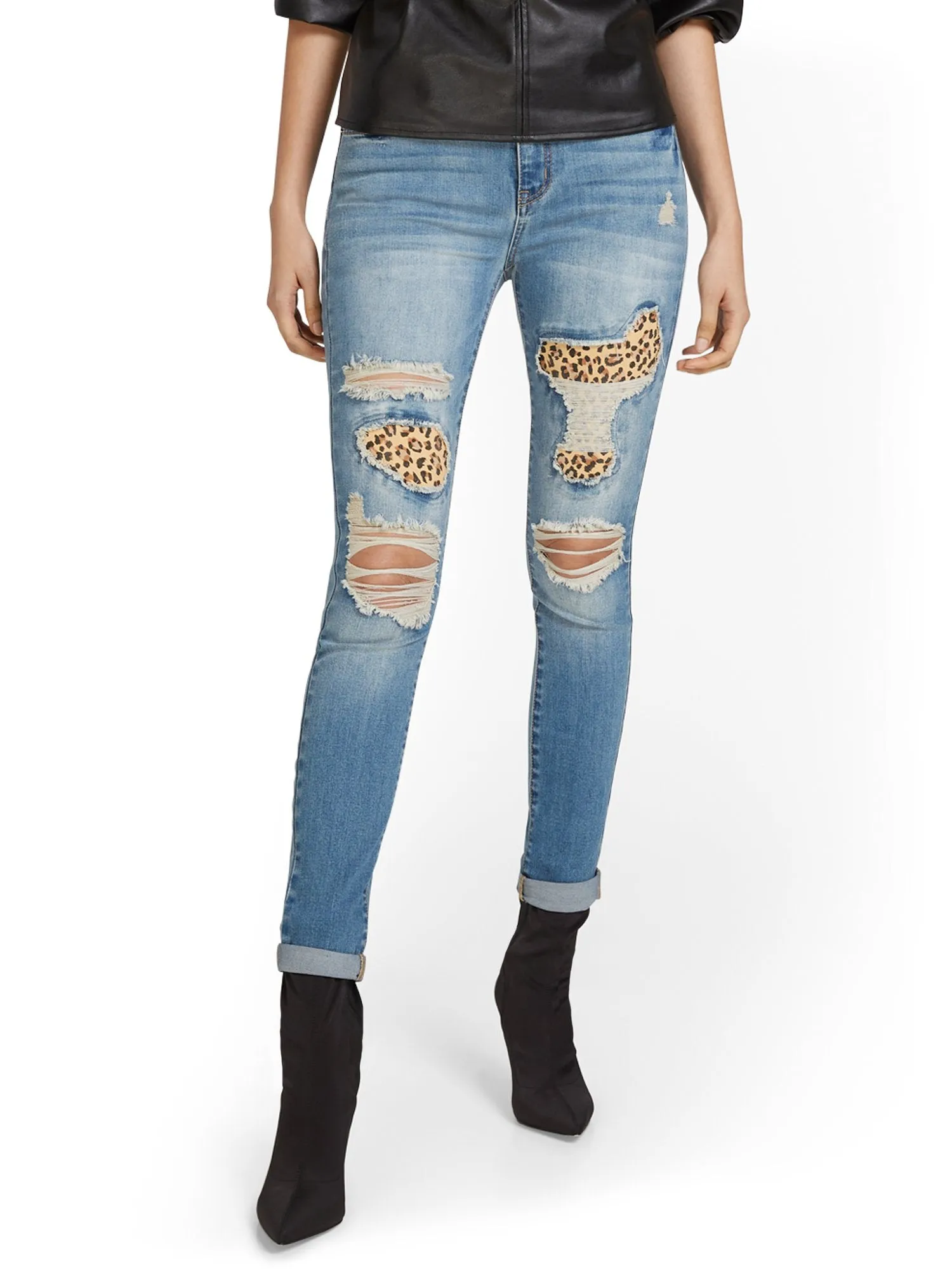 High-Waisted Leopard-Inset Distressed Super-Skinny Jeans