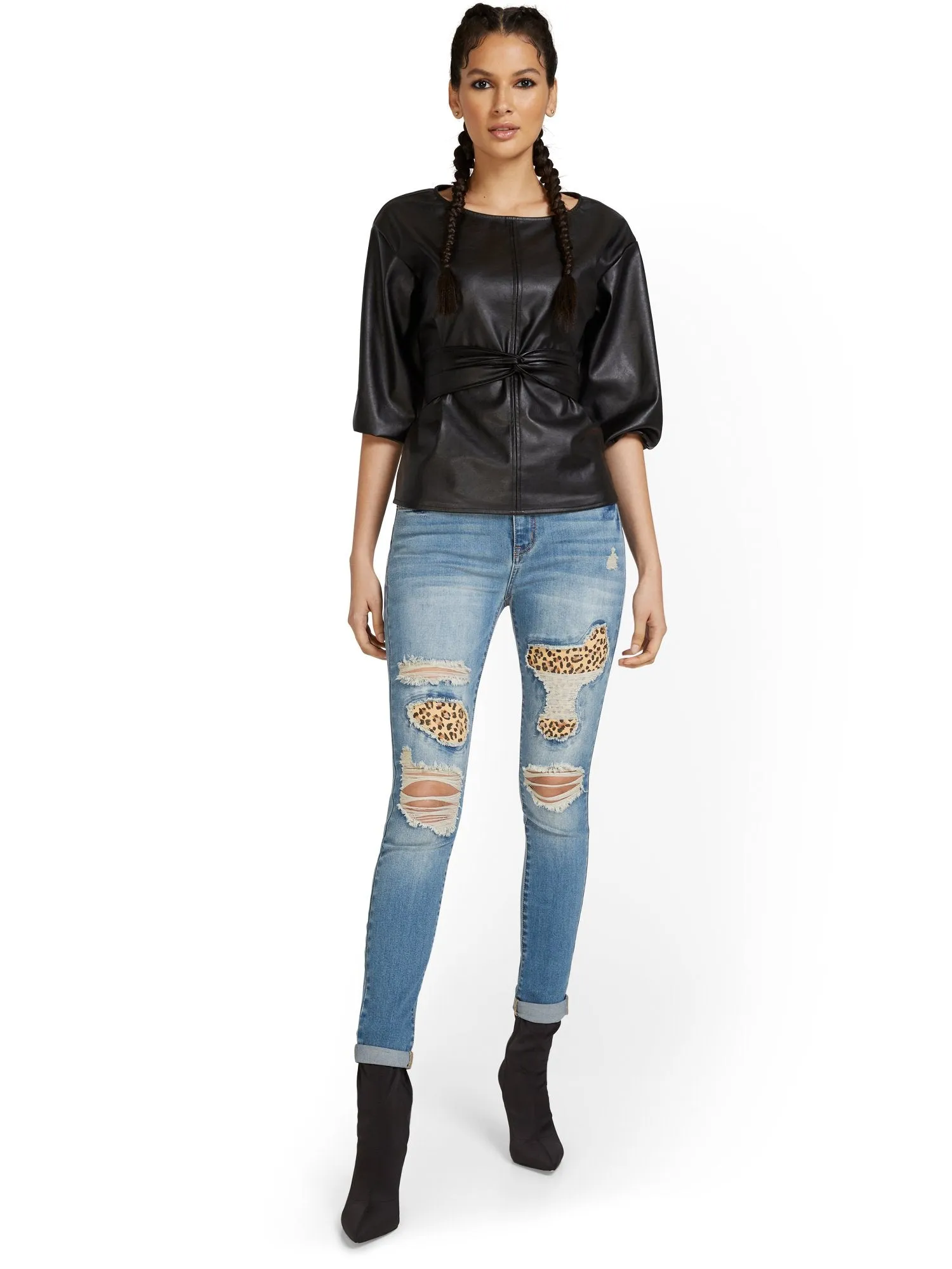 High-Waisted Leopard-Inset Distressed Super-Skinny Jeans