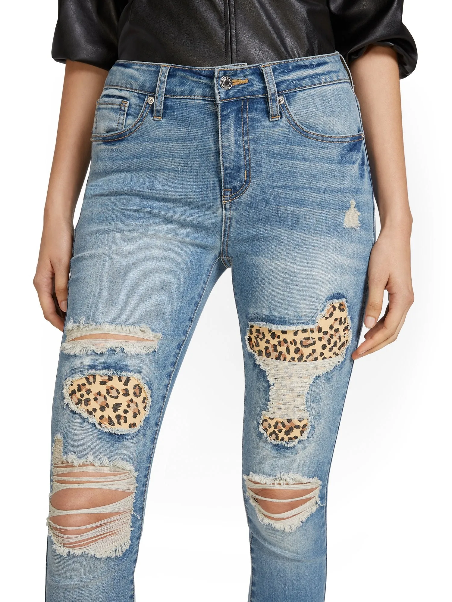 High-Waisted Leopard-Inset Distressed Super-Skinny Jeans