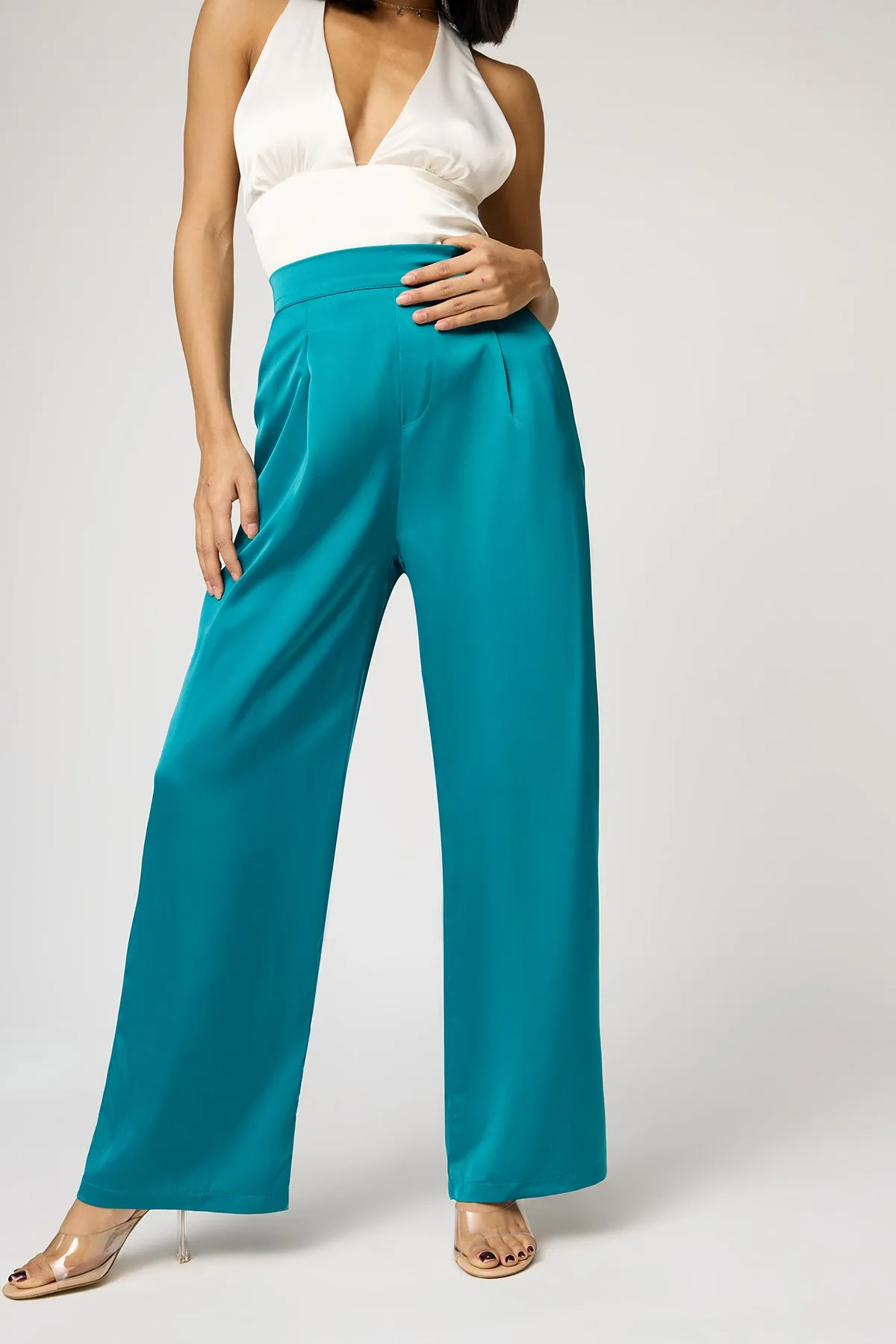 Jade Green Satin Straight Korean Pants