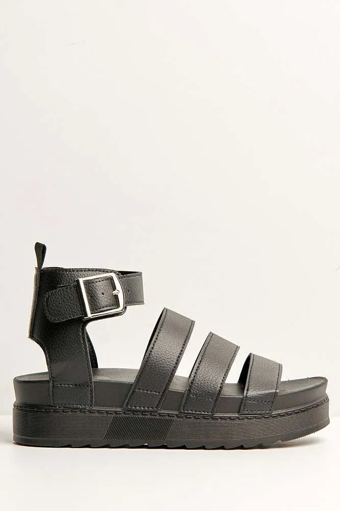 Janice 3 Band High Cleated Anklestrap Sandal in Black