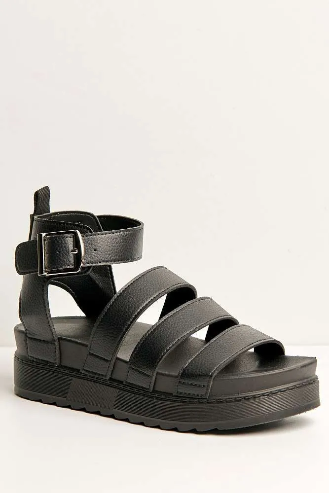 Janice 3 Band High Cleated Anklestrap Sandal in Black