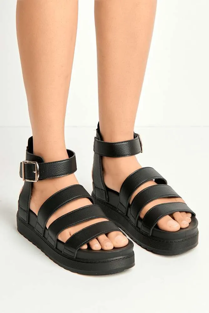 Janice 3 Band High Cleated Anklestrap Sandal in Black