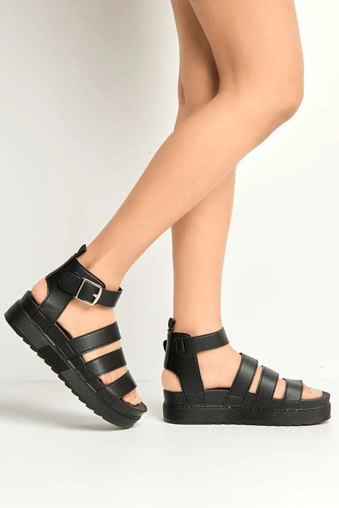 Janice 3 Band High Cleated Anklestrap Sandal in Black