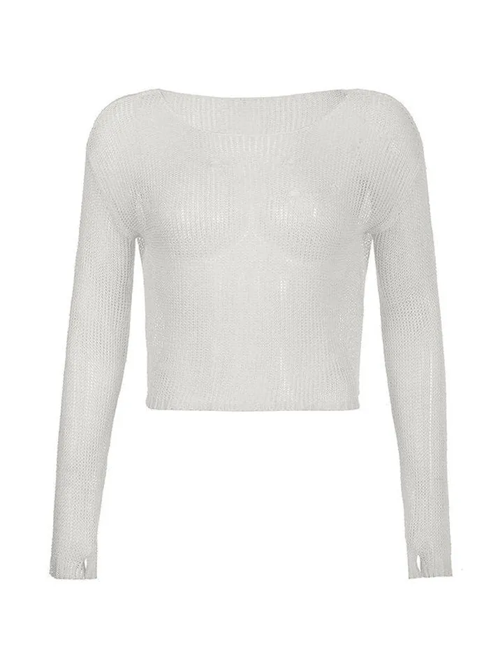 Joskaa Distressed Crochet Knit Long Sleeve Crop Top