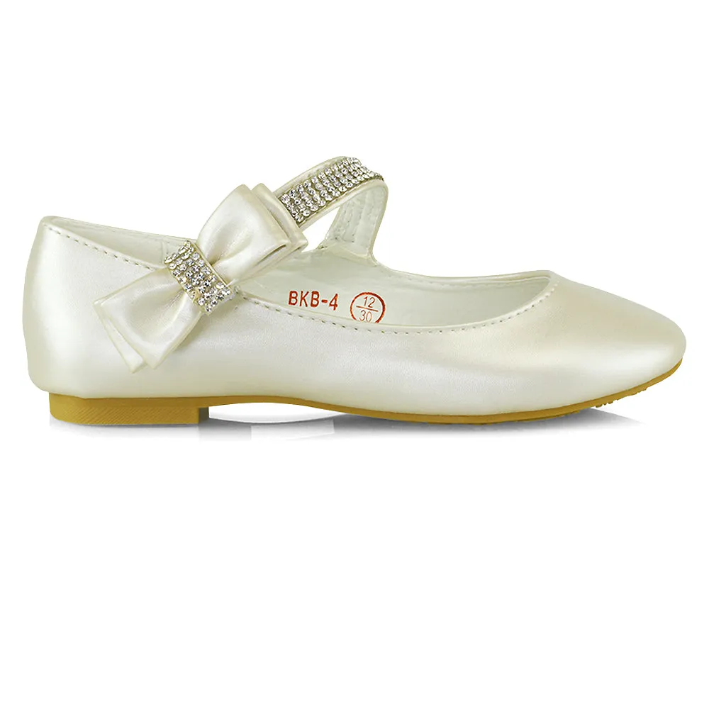 Lilo Kids Flat Bow Detail Diamante Embellished Detail Front Strap Wedding Ballerina Pump Shoes In White