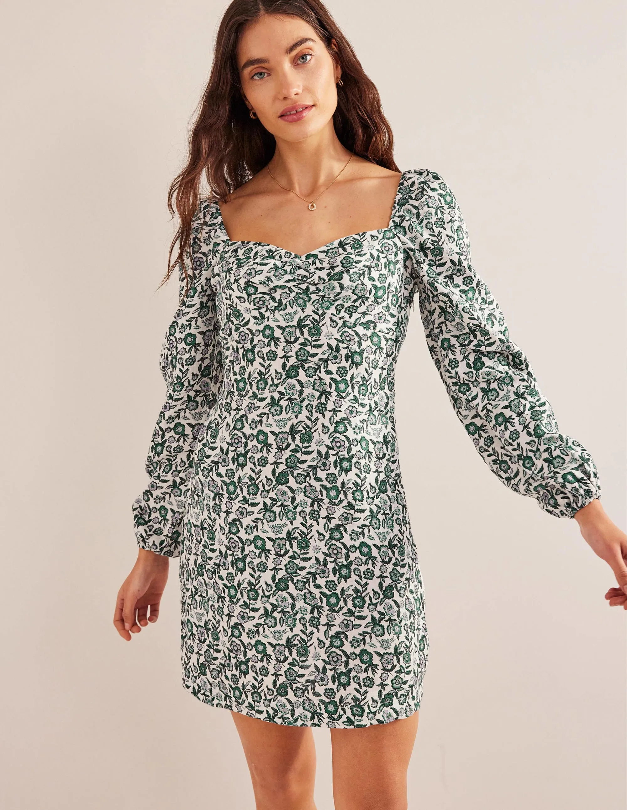 Linen Mini Shift Dress-Bottle Green, Pansy Bloom