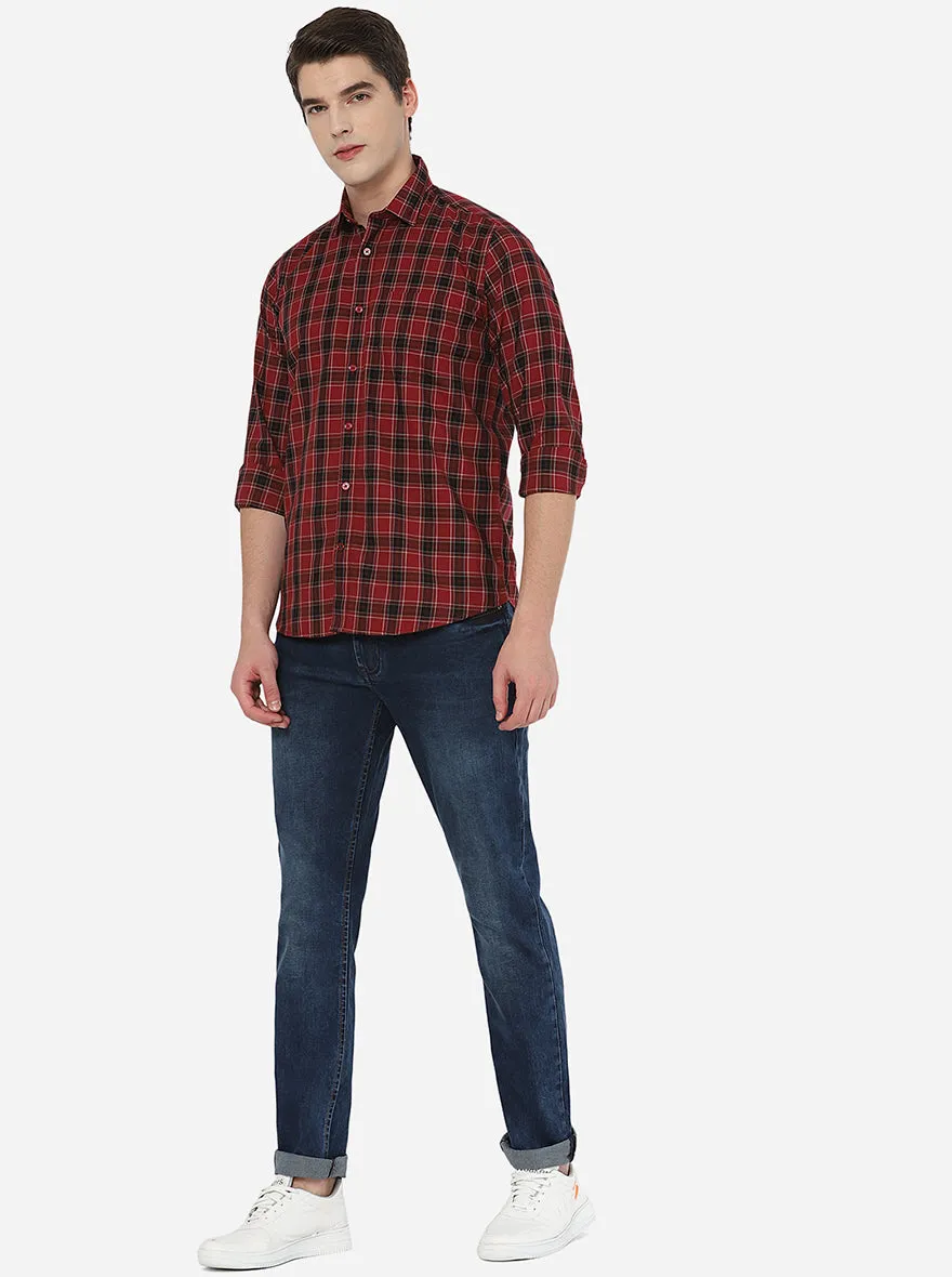 Maroon & Black Checked Slim Fit Casual Shirt | JadeBlue