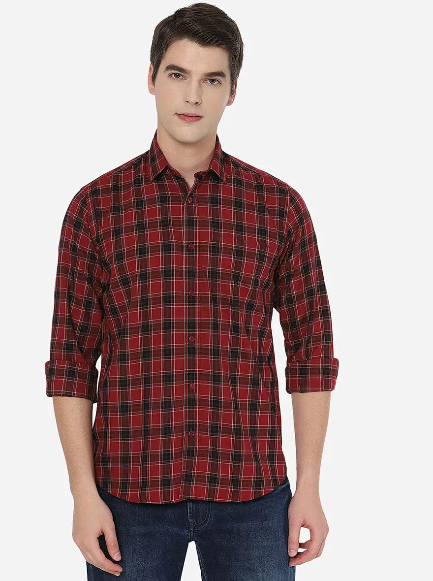 Maroon & Black Checked Slim Fit Casual Shirt | JadeBlue