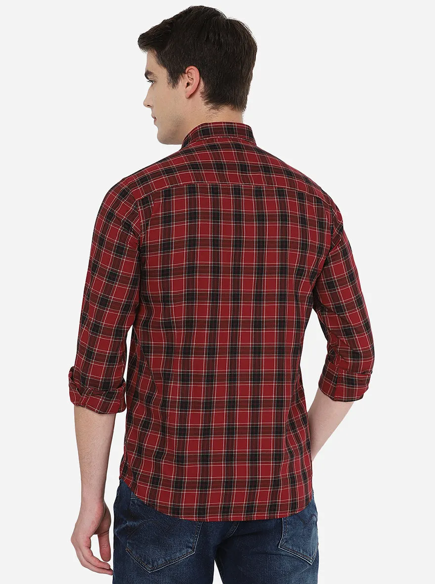 Maroon & Black Checked Slim Fit Casual Shirt | JadeBlue