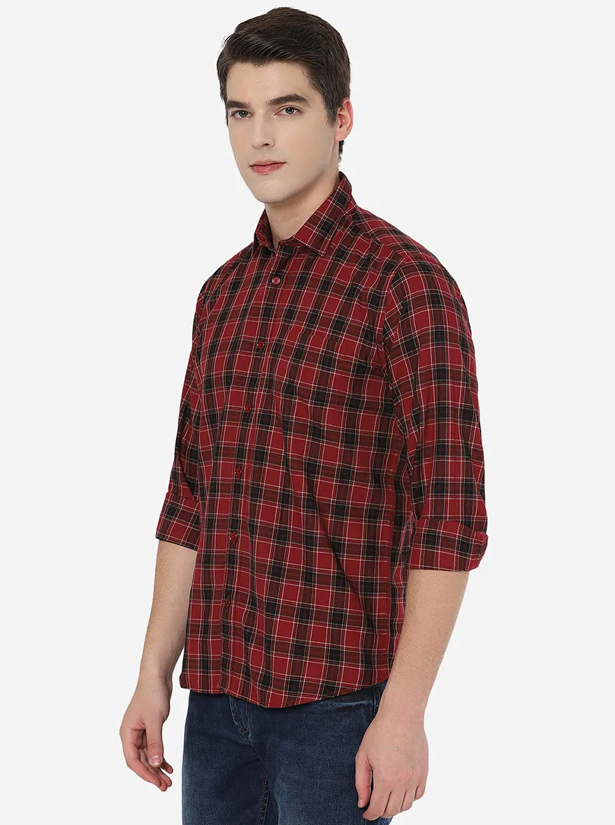 Maroon & Black Checked Slim Fit Casual Shirt | JadeBlue