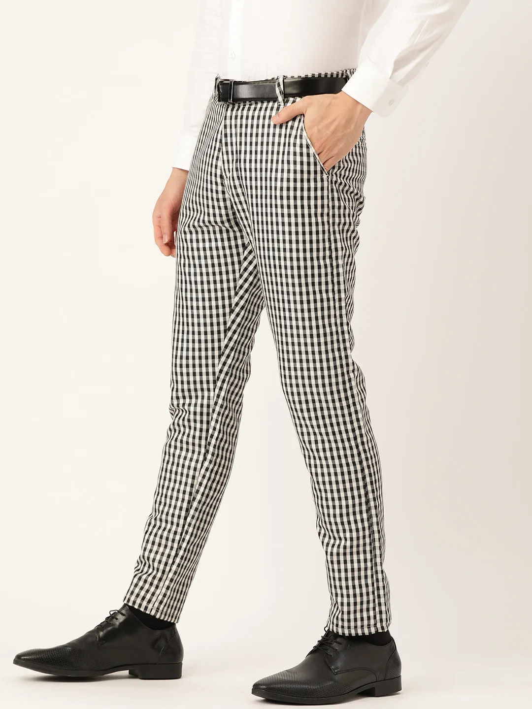 Men's Cotton Blend Black & White Checked Formal Trousers - Sojanya