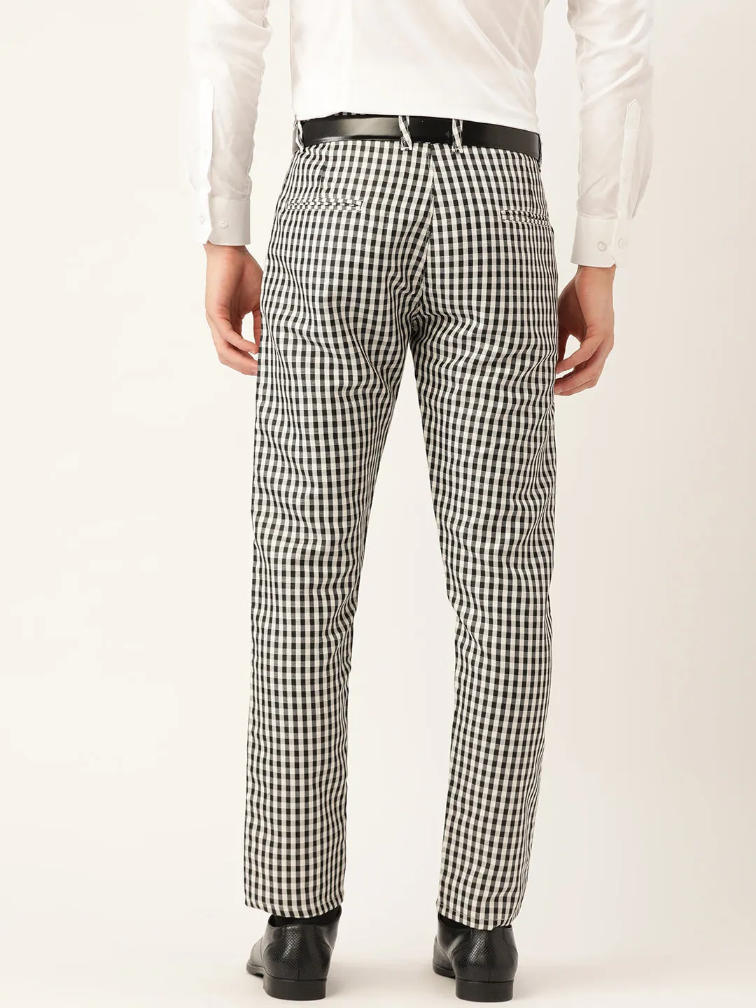 Men's Cotton Blend Black & White Checked Formal Trousers - Sojanya