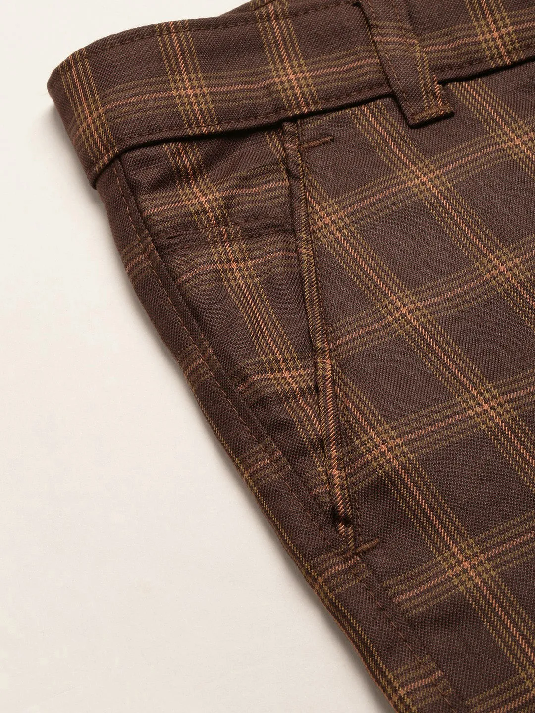 Men's Cotton Blend Brown & Mustard Checked Formal Trousers - Sojanya