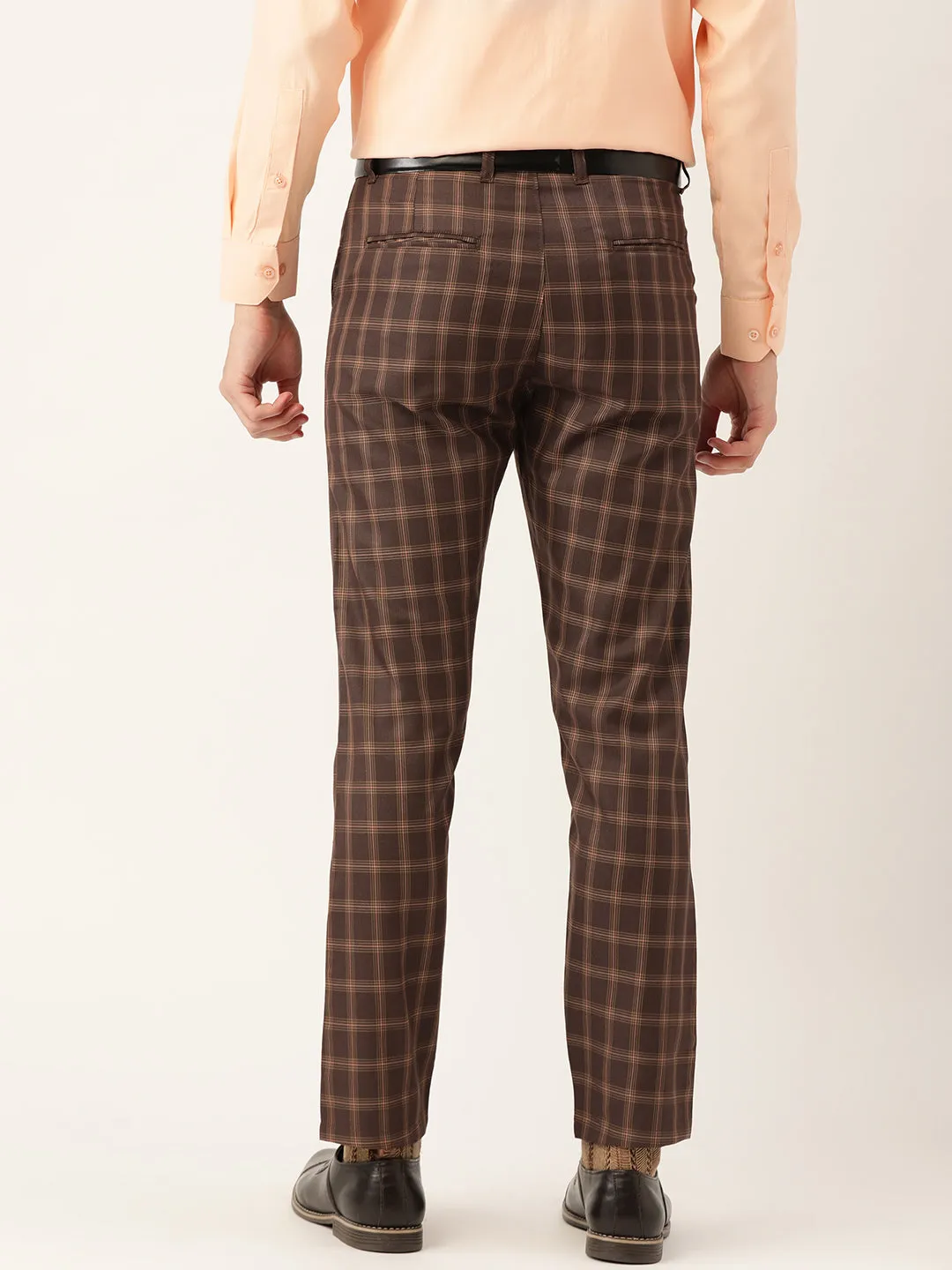 Men's Cotton Blend Brown & Mustard Checked Formal Trousers - Sojanya