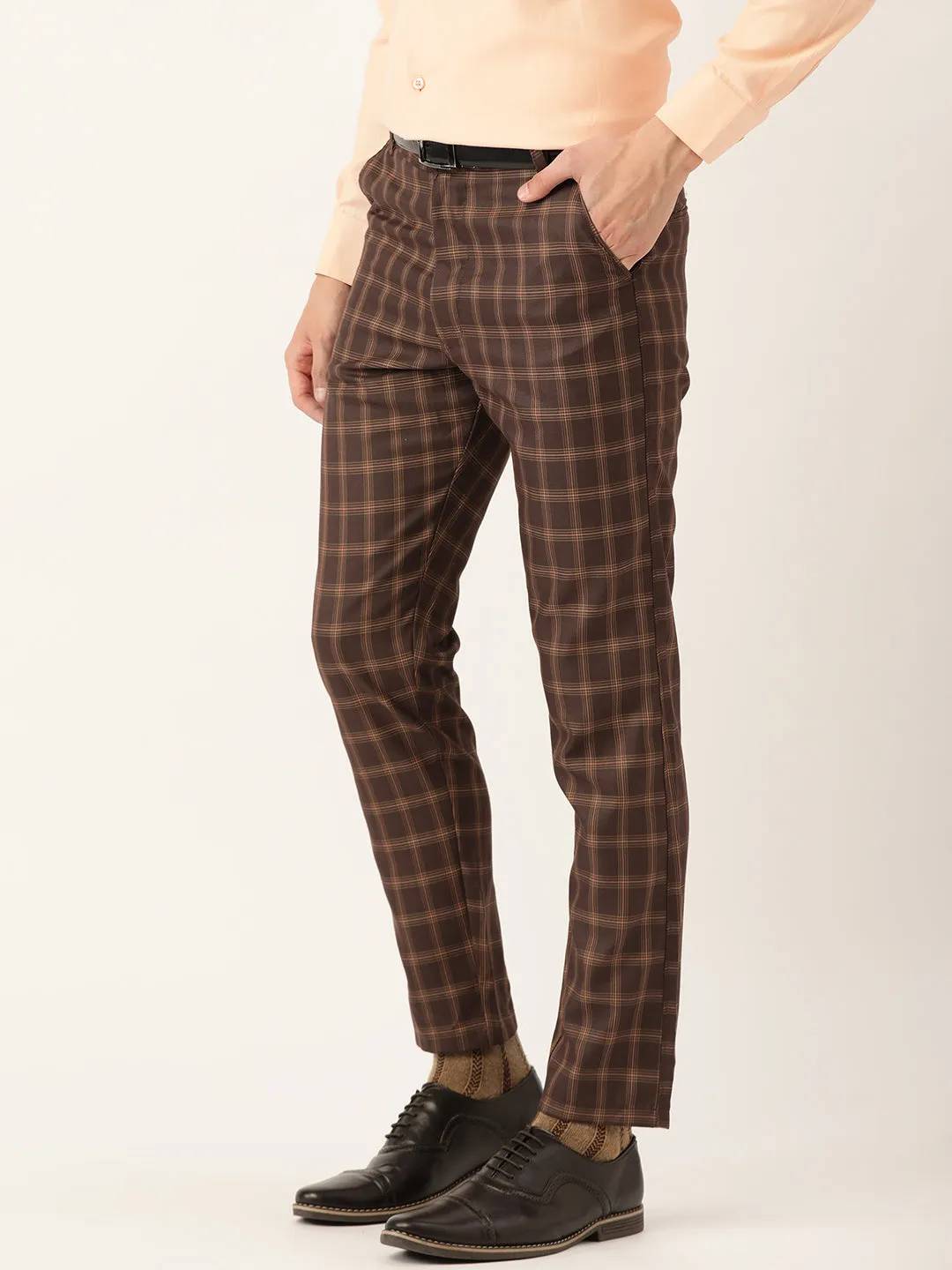 Men's Cotton Blend Brown & Mustard Checked Formal Trousers - Sojanya