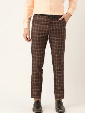 Men's Cotton Blend Brown & Mustard Checked Formal Trousers - Sojanya