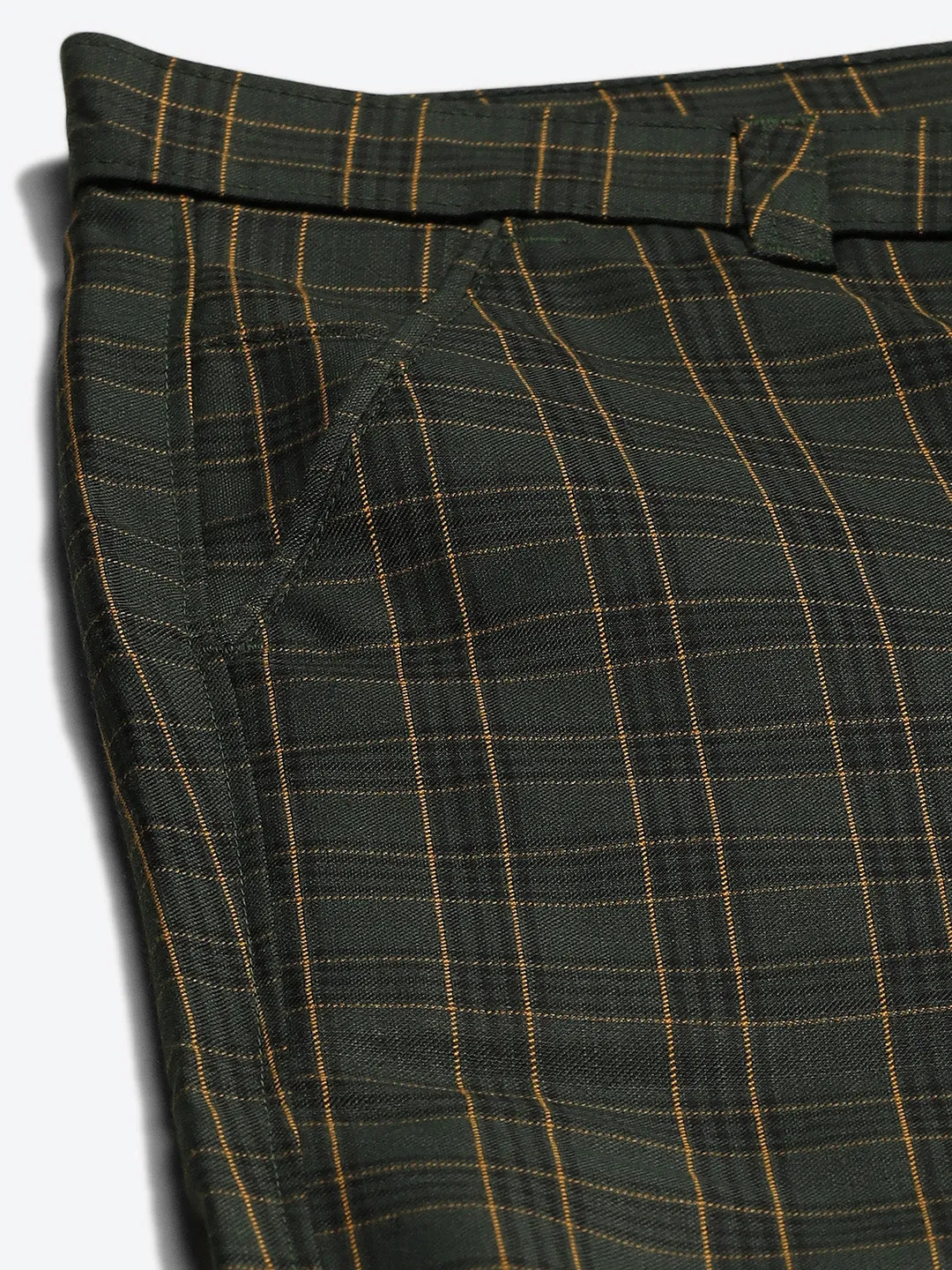 Men's Cotton Blend Dark Green & Yellow Checked Formal Trousers - Sojanya