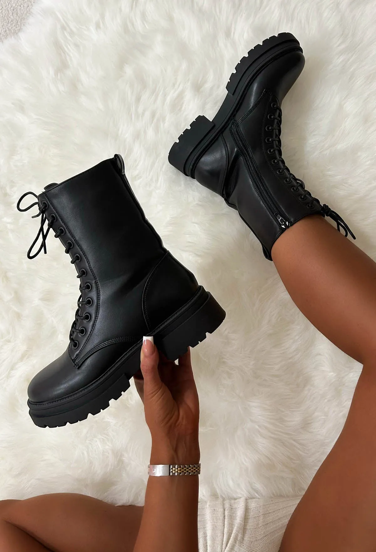 Moves To Make Black Faux Leather Lace Up Biker Boots