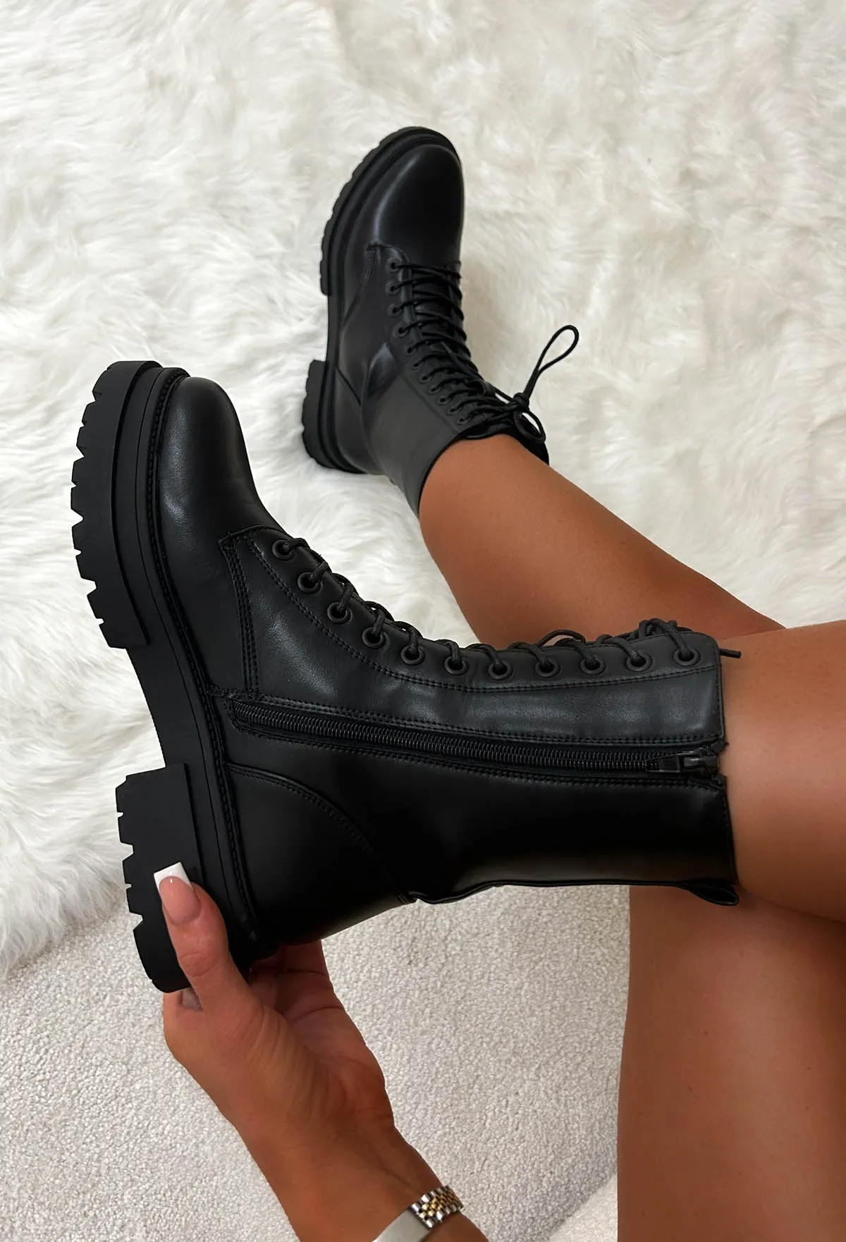 Moves To Make Black Faux Leather Lace Up Biker Boots