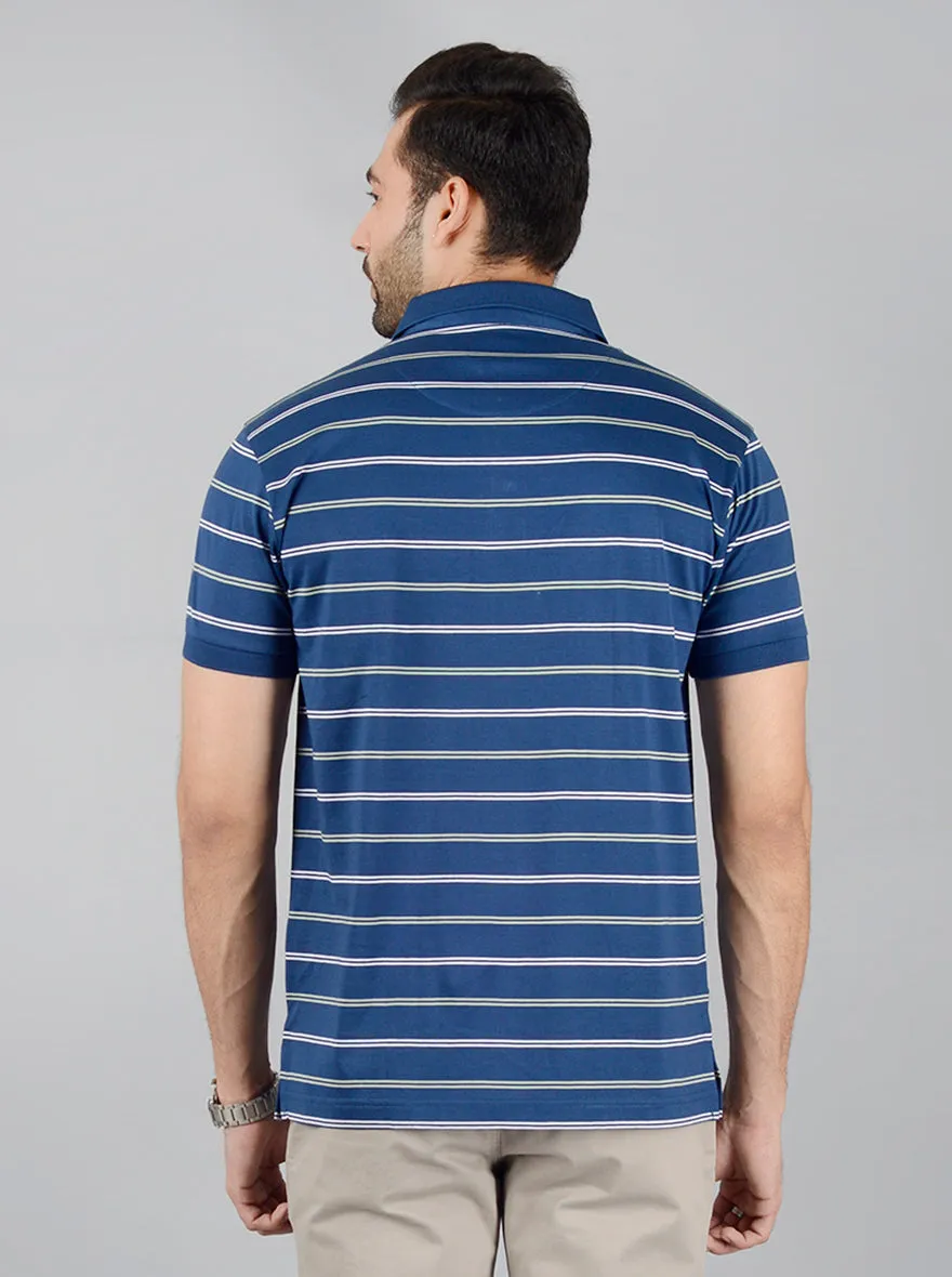 Navy Blue Striped Slim Fit Polo T-Shirt | JadeBlue