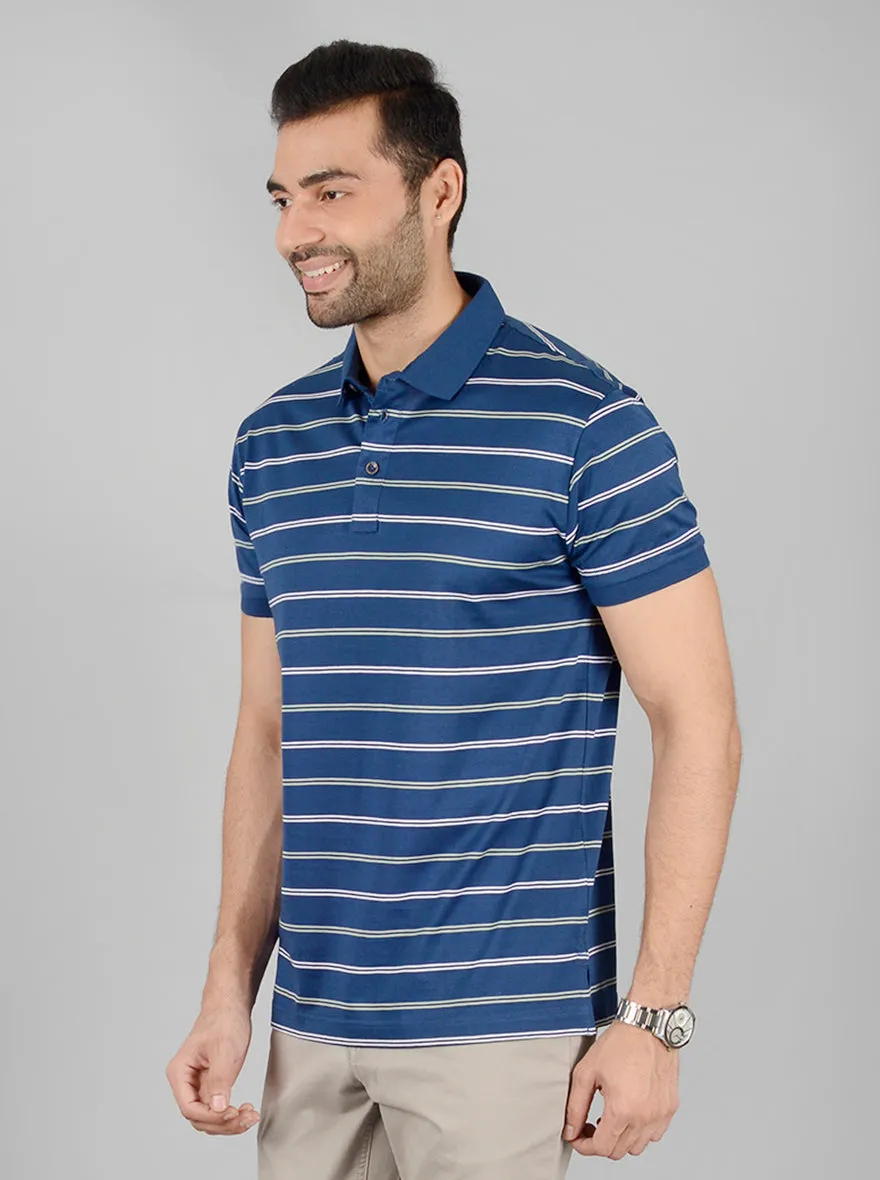 Navy Blue Striped Slim Fit Polo T-Shirt | JadeBlue