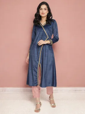 Navy Solid Velvet Angrakha Kurta With Gold Printed Pant