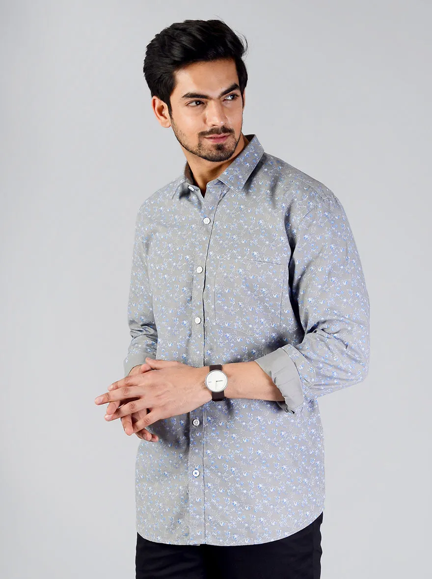 Neutral Grey Printed Slim Fit Casual Shirt | JadeBlue