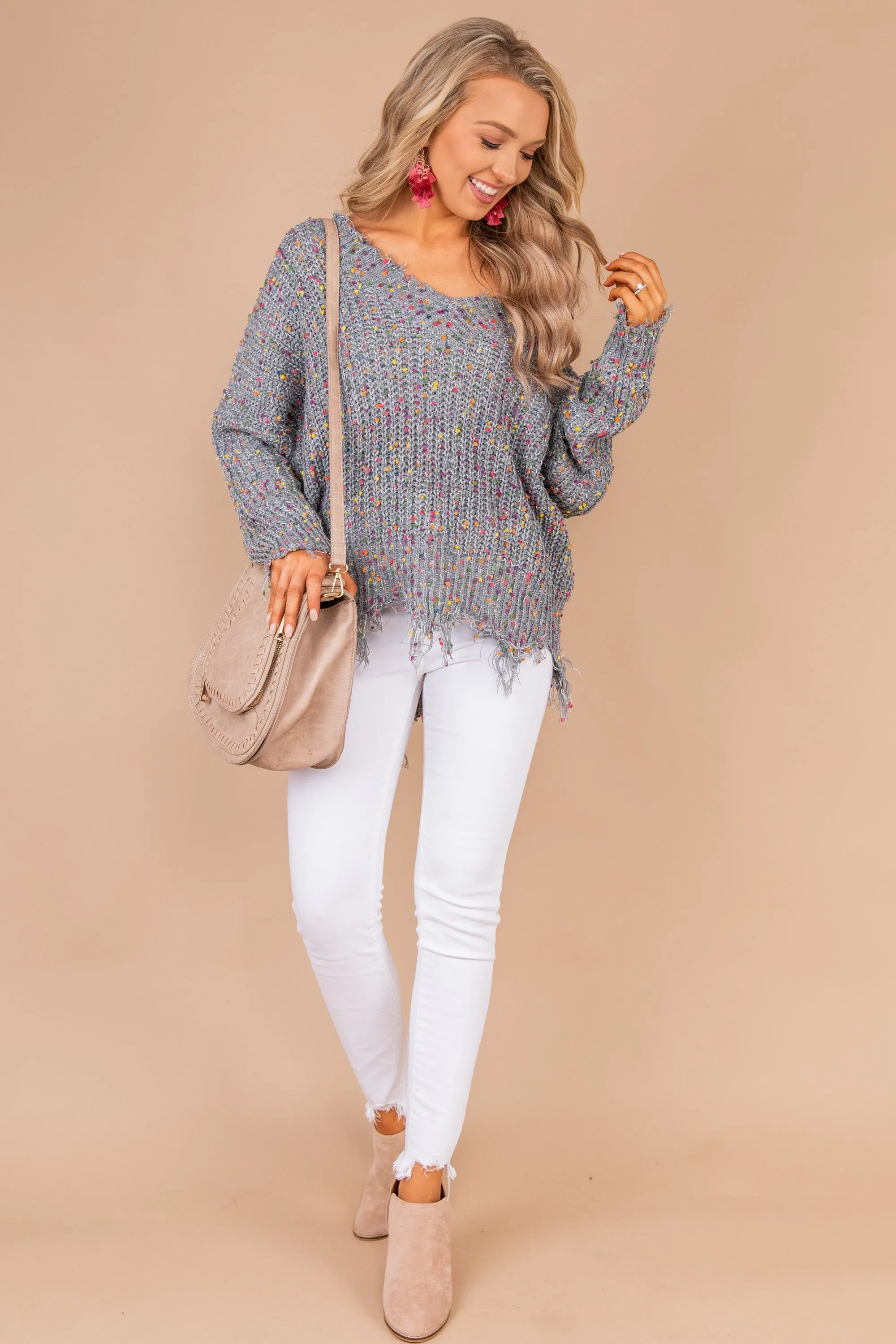 Never Too Late Gray Confetti Sweater