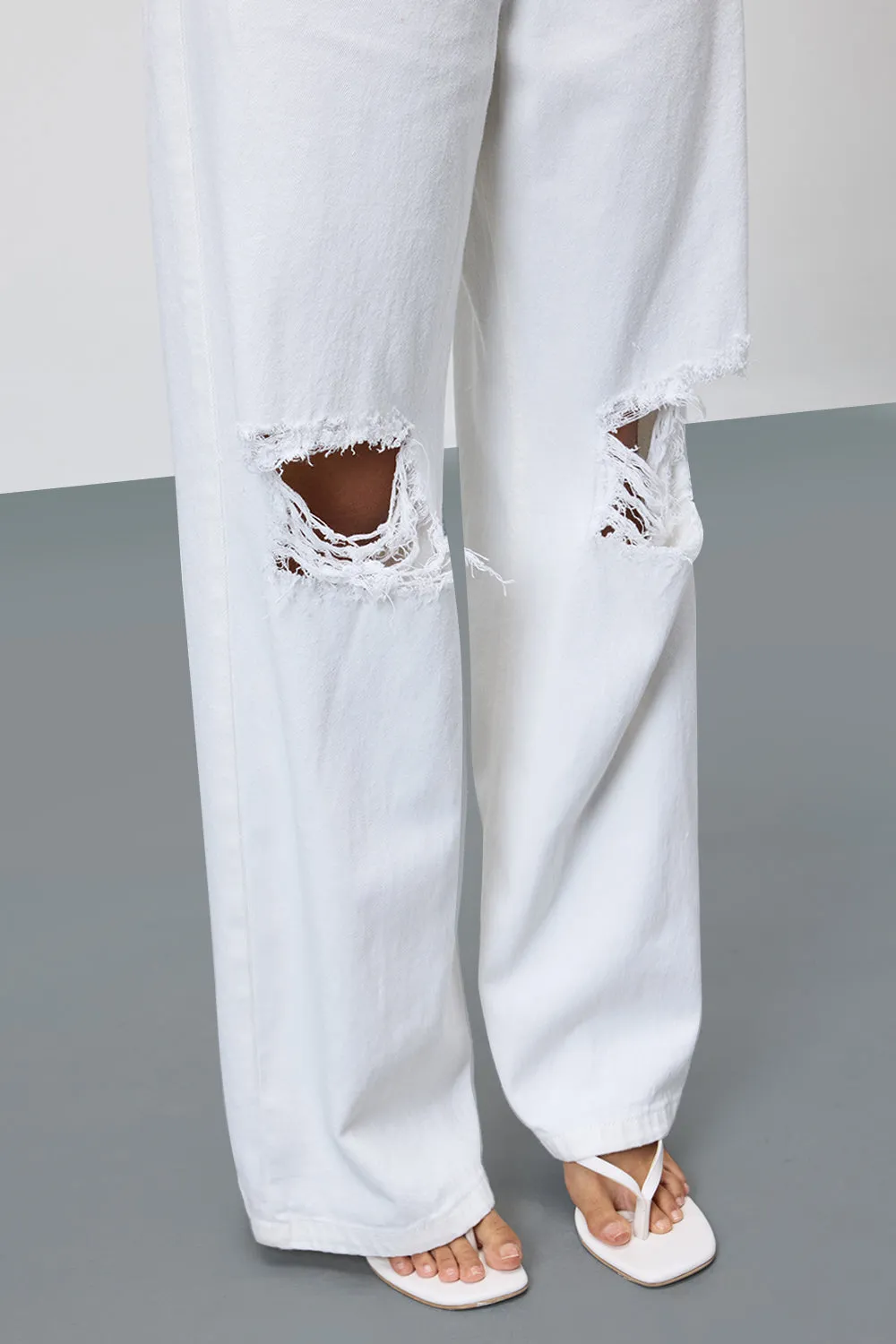 Pearl White Ripped Wide Leg Jeans