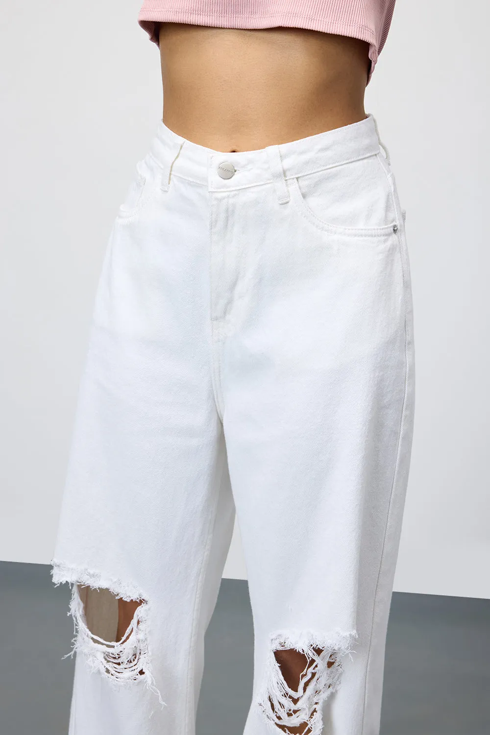 Pearl White Ripped Wide Leg Jeans