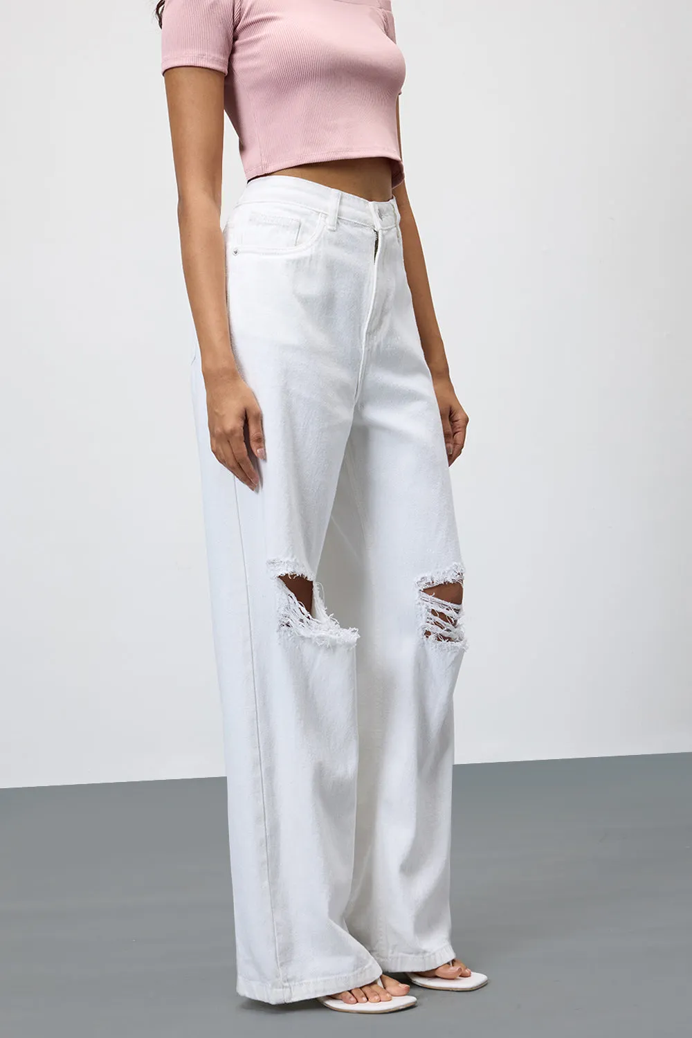 Pearl White Ripped Wide Leg Jeans