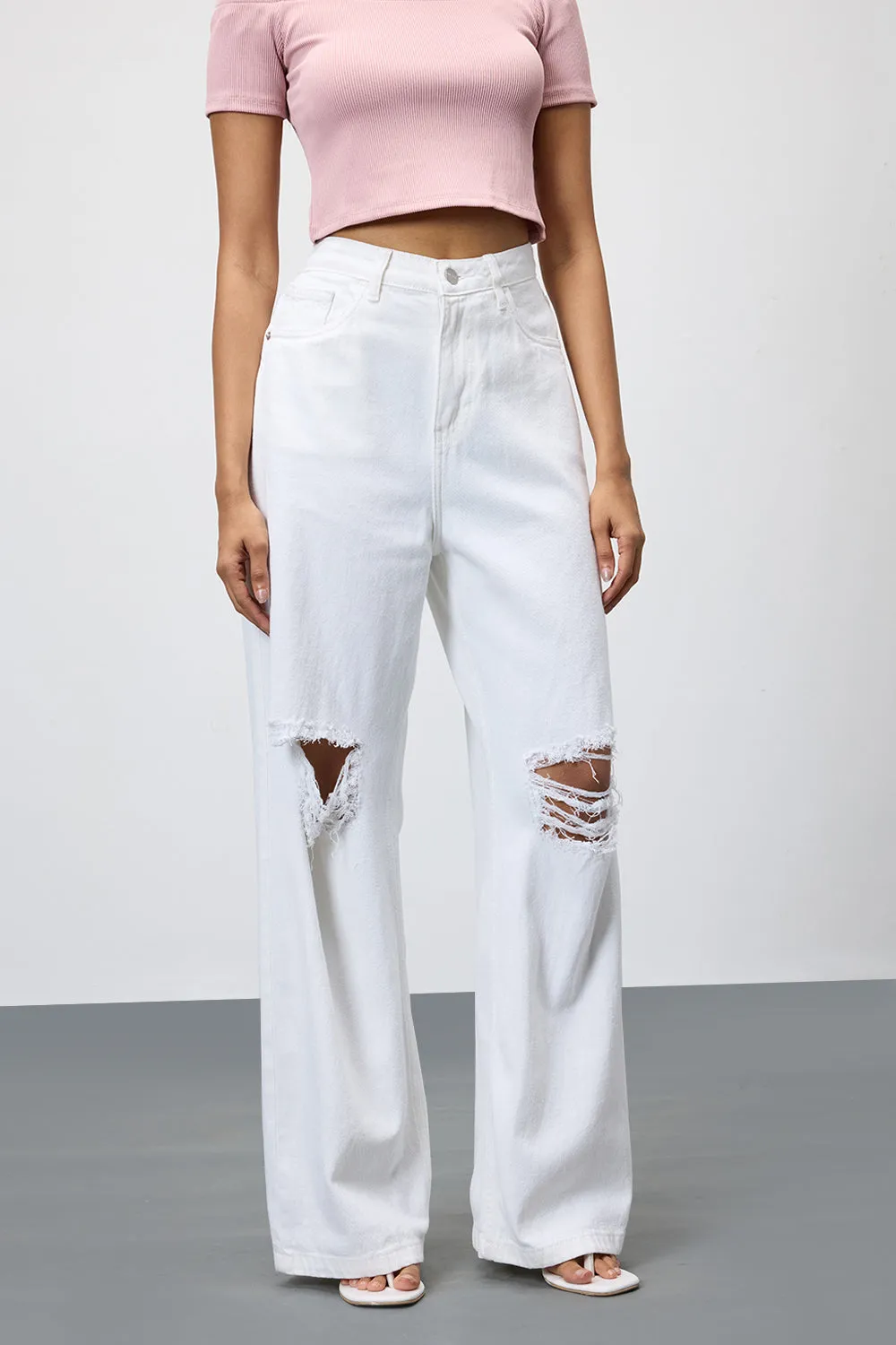 Pearl White Ripped Wide Leg Jeans