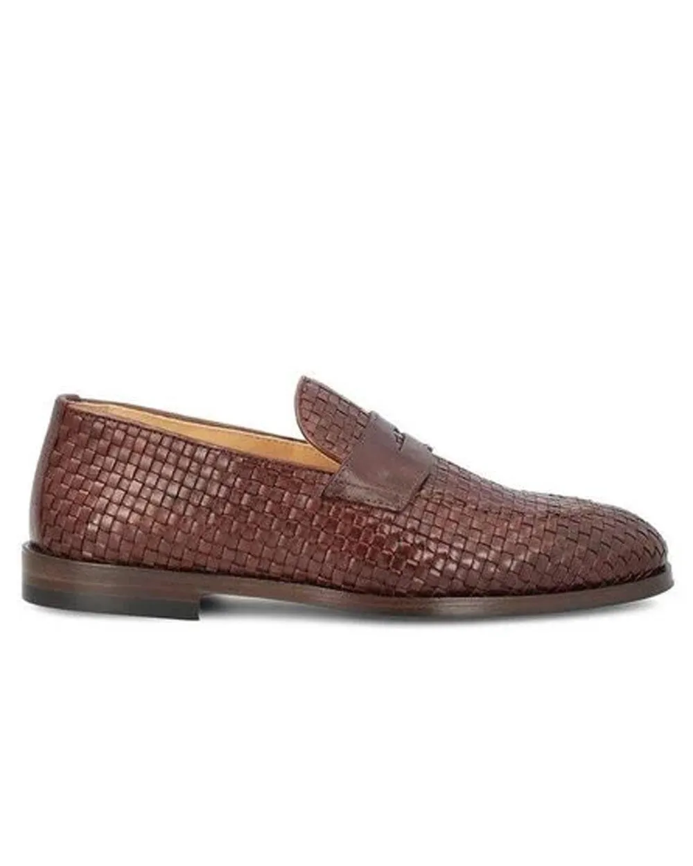 Penny Slot Woven Leather Loafer in Brown