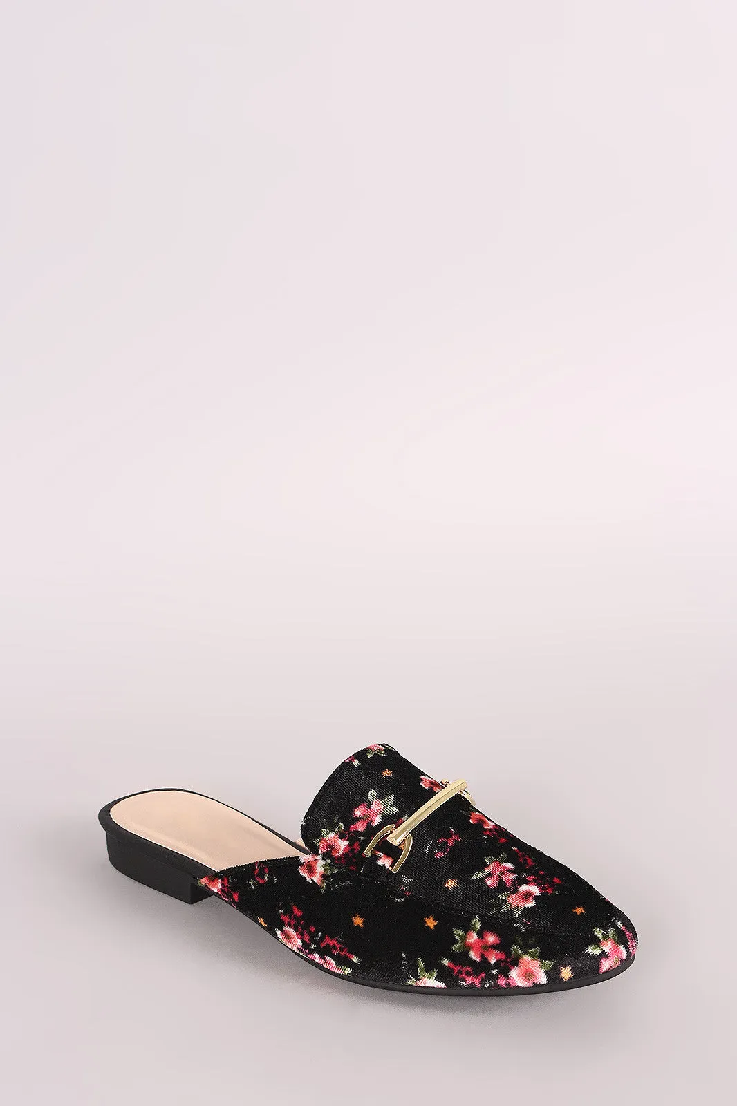 Qupid Floral Print Velvet Horsebit Slip On Loafer Mules