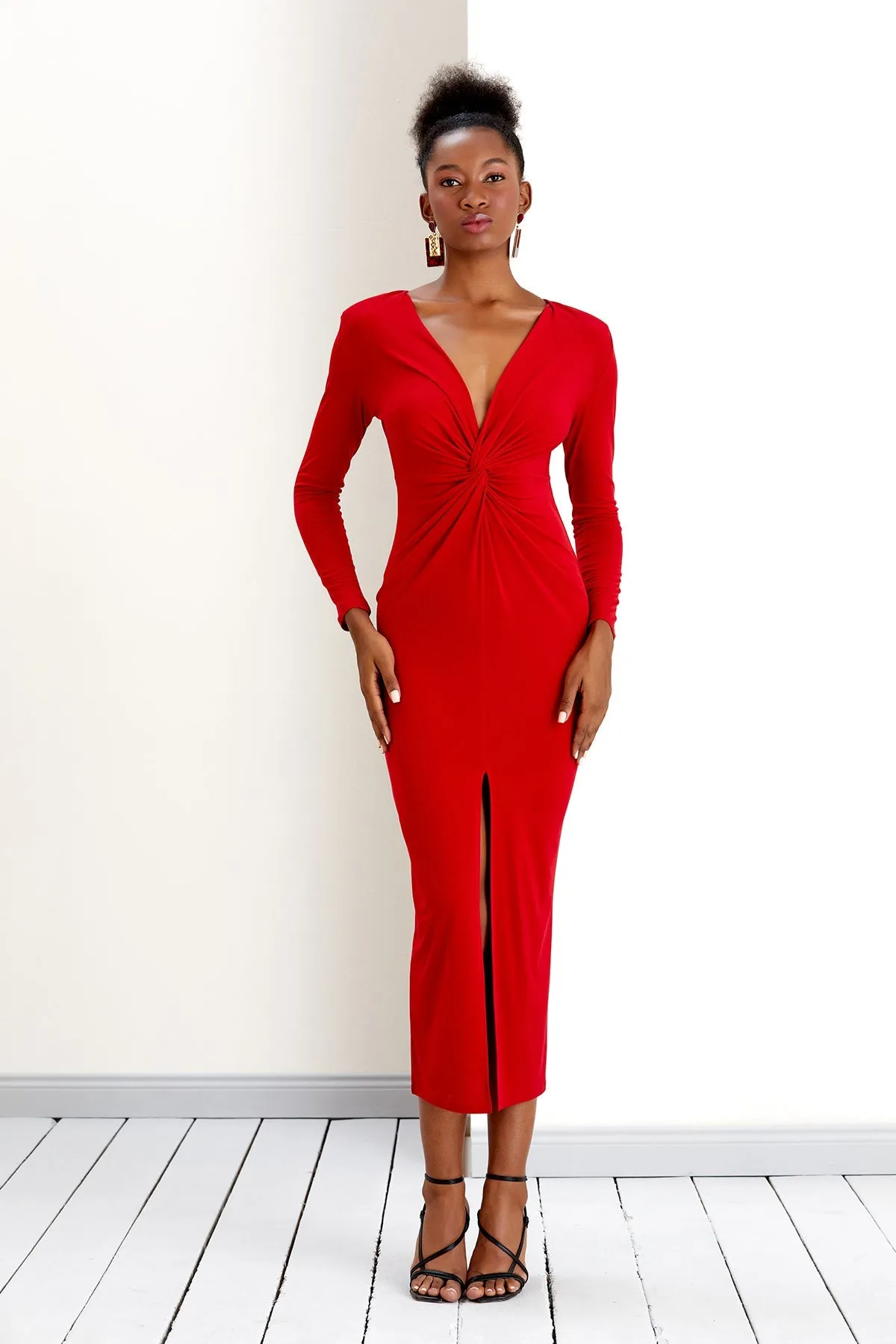 Radiant Red Affair Long Sleeve Twist Maxi Dress